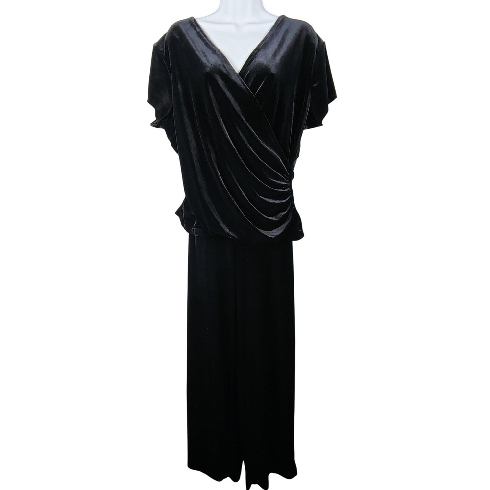 R&K Evening Black Velvet 2Pc Set Wrap Top Wide Leg Pants 18 vintage romantic